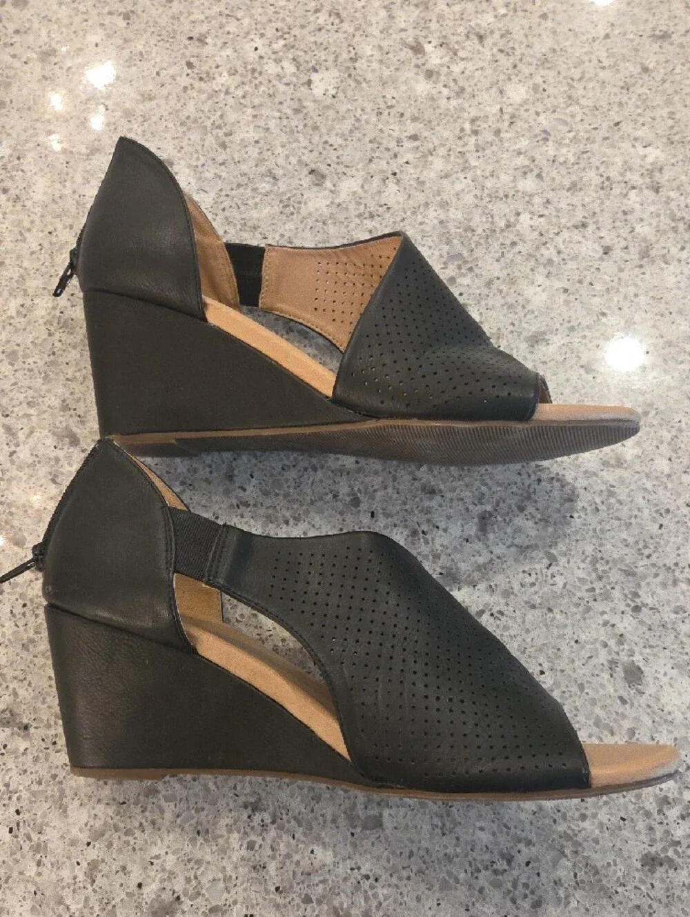 Perforated Black Open-Toe Wedge Sandals - Women's 10 Comfortable Dressy Casual